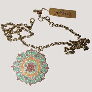 Lucky Brand Multi Color Medallion 2.5 inch Pendant Necklace Long Gold Tone Chain